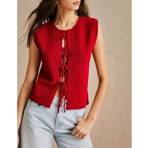 Tie-Front Sleeveless Knit Cardigan Vest in Red